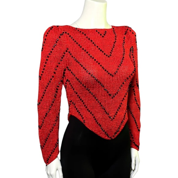Nannell Beaded Sweater Red Black Vintage 80’s Hand-knit Rayon Blend Size Small - Picture 2 of 10